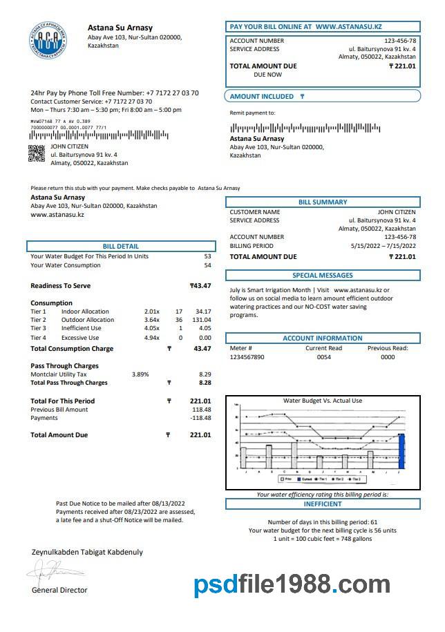 Kazakhstan Astana Su Arnasy Utility Bill